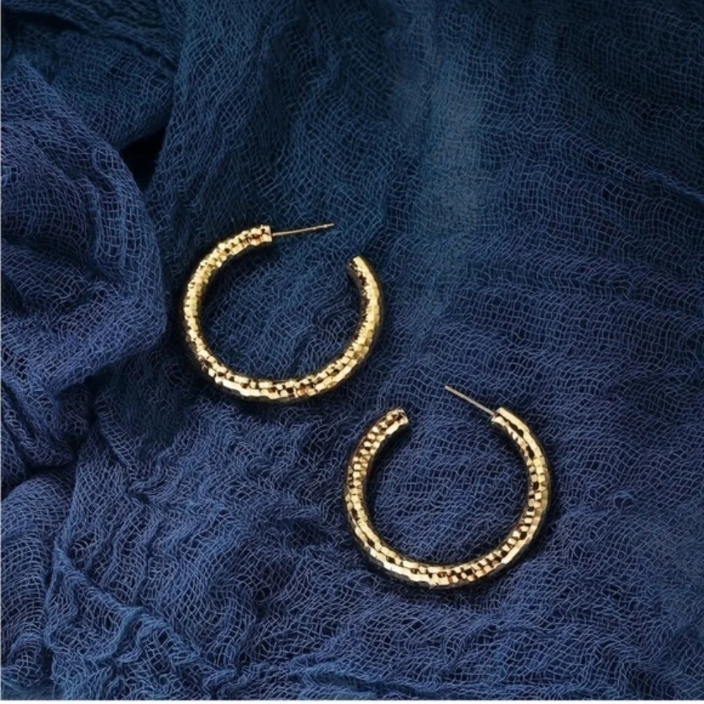 GOLD 14k Gold Plated Textured Hoop Earrings